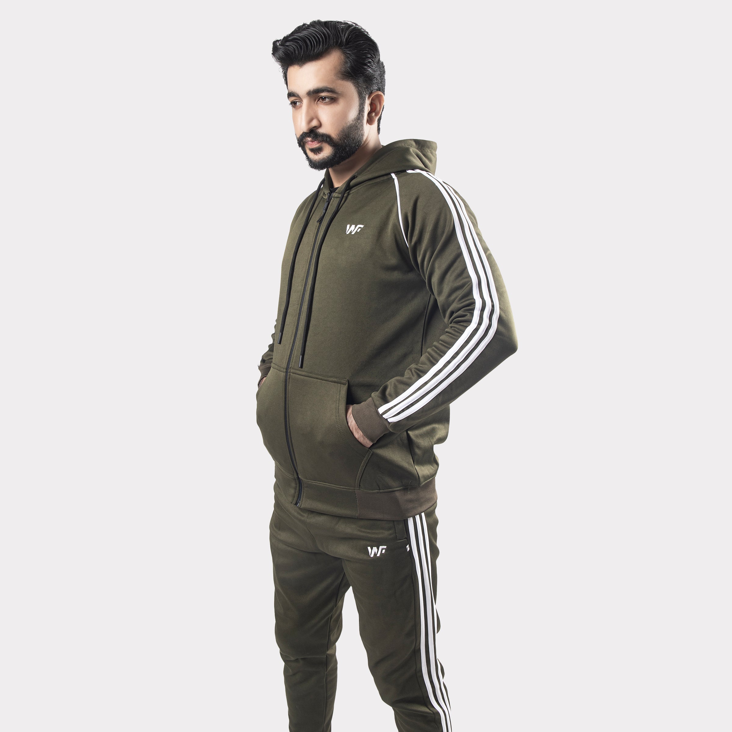 Olive Green Tracksuit With Three White Stripes Wear To Fit