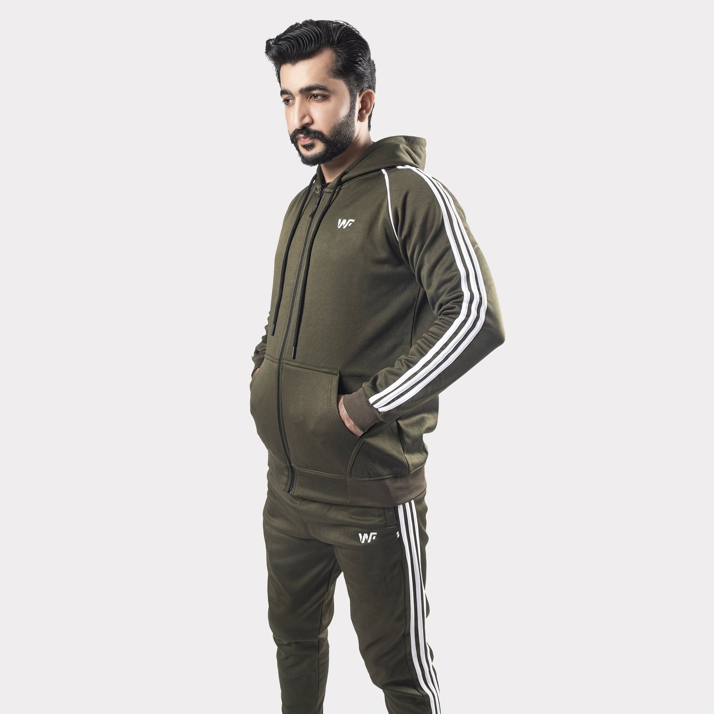 Olive Green Tracksuit With Three White Stripes