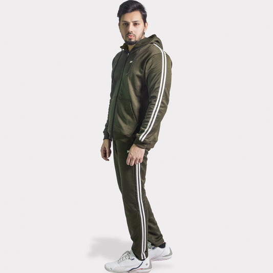 Olive Green Tracksuit with Two White Stripes