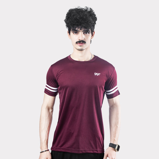 Maroon Quick Dry T-Shirt with White Dual Arm Stripes