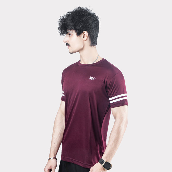 Maroon Quick Dry T-Shirt with White Dual Arm Stripes