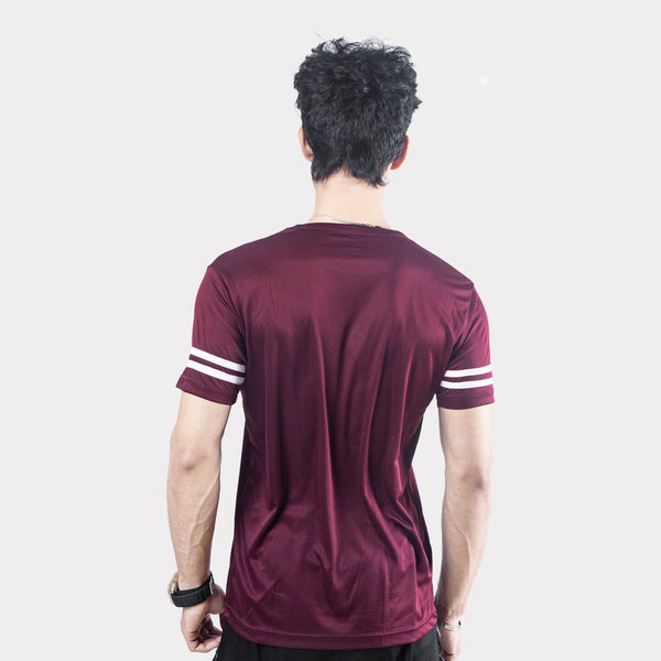 Maroon Quick Dry T-Shirt with White Dual Arm Stripes