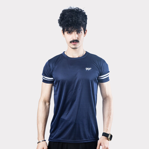 Navy Quick Dry T-Shirt with White Dual Arm Stripes