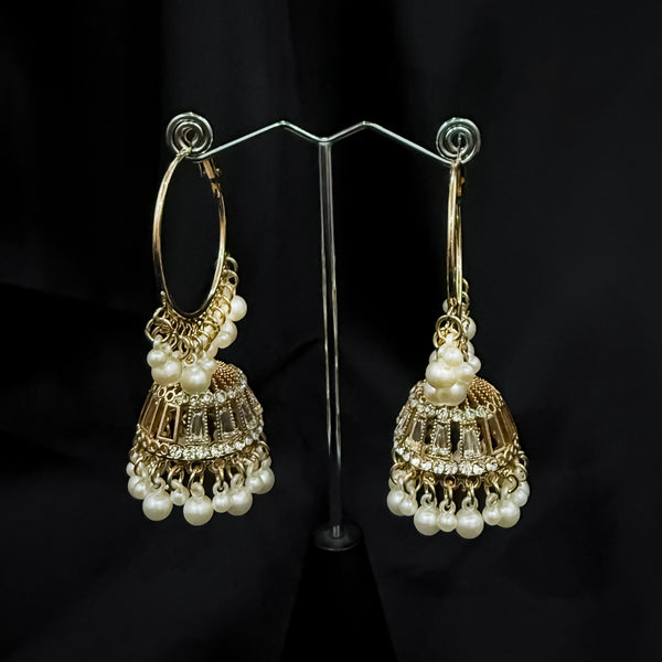 Gold Toned Bali Jhumka Earings with Pearls