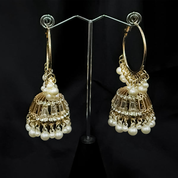 Gold Toned Bali Jhumka Earings with Pearls