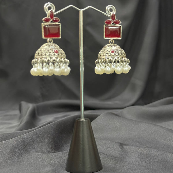 Silver Jhumka Earrings With Stone & Beads