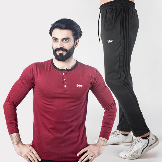 Plain Maroon Henley &  Black Three Stripes Trouser