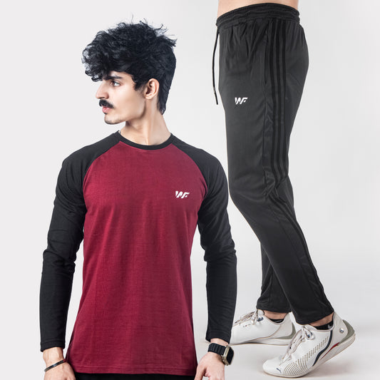 Maroon Melange & Black Raglan & Black Three Stripes Trouser