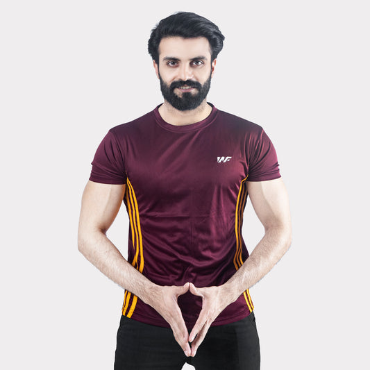 Maroon Quick Dry T-Shirt with Forward Three Yellow Stripes