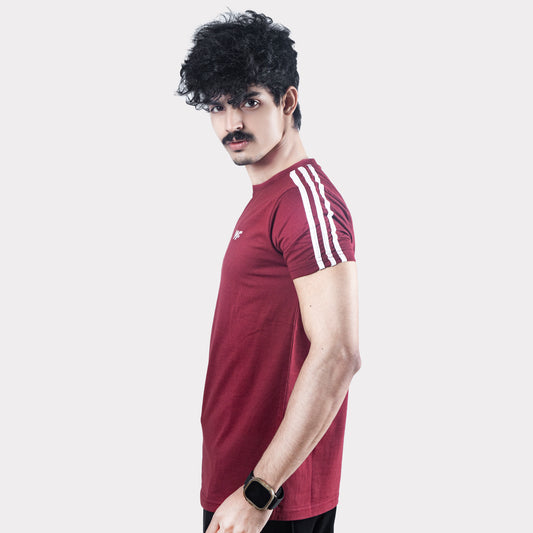 Maroon Cotton T-Shirt with Three Shoulder Stripes