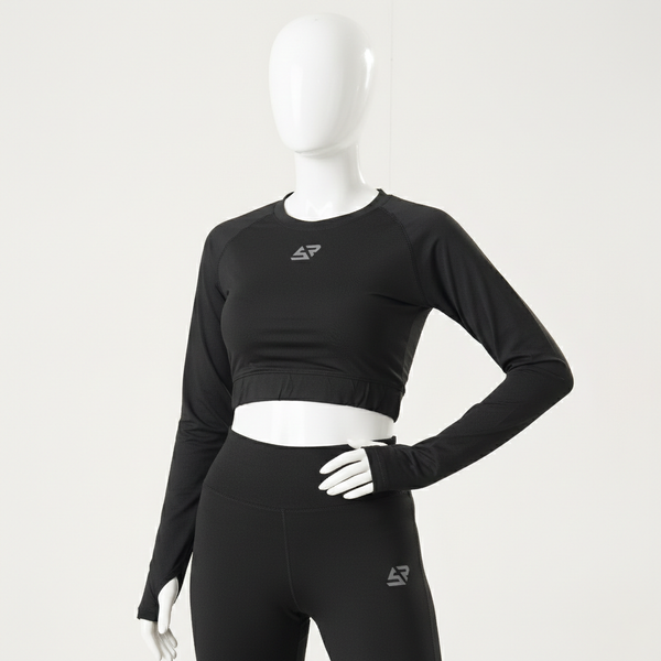 black long-sleeve crop top