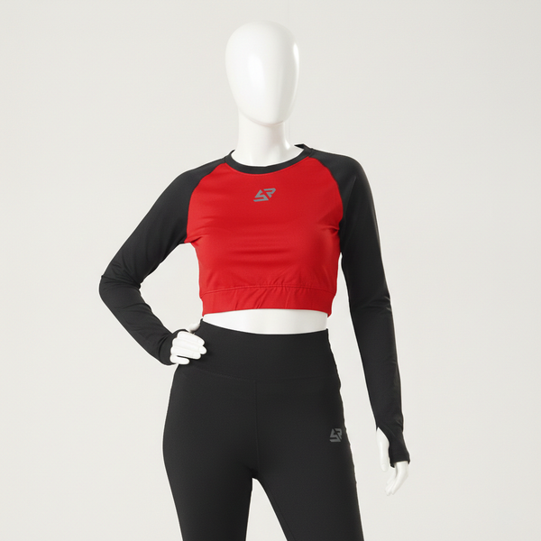 Red Raglan with black Sleeve Cropped Top