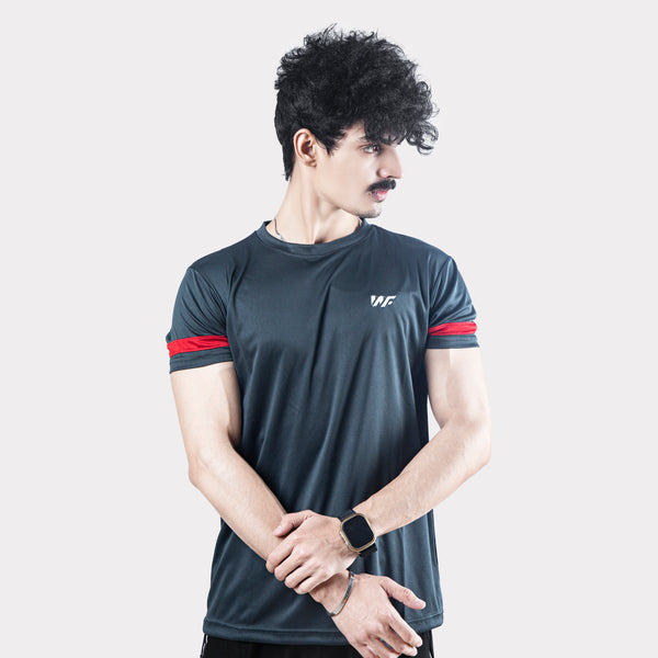 Smoky Gray T-Shirt with Red Sleeve Panel