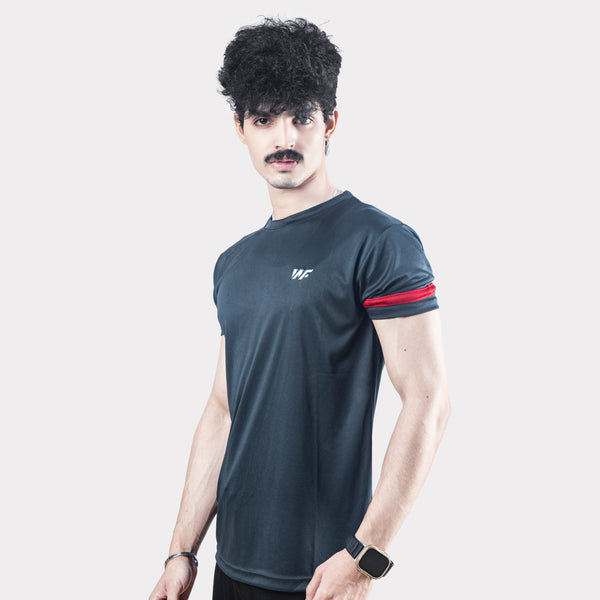 Smoky Gray T-Shirt with Red Sleeve Panel