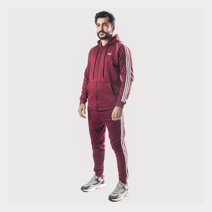 Maroon Tracksuit With Three White Stripes