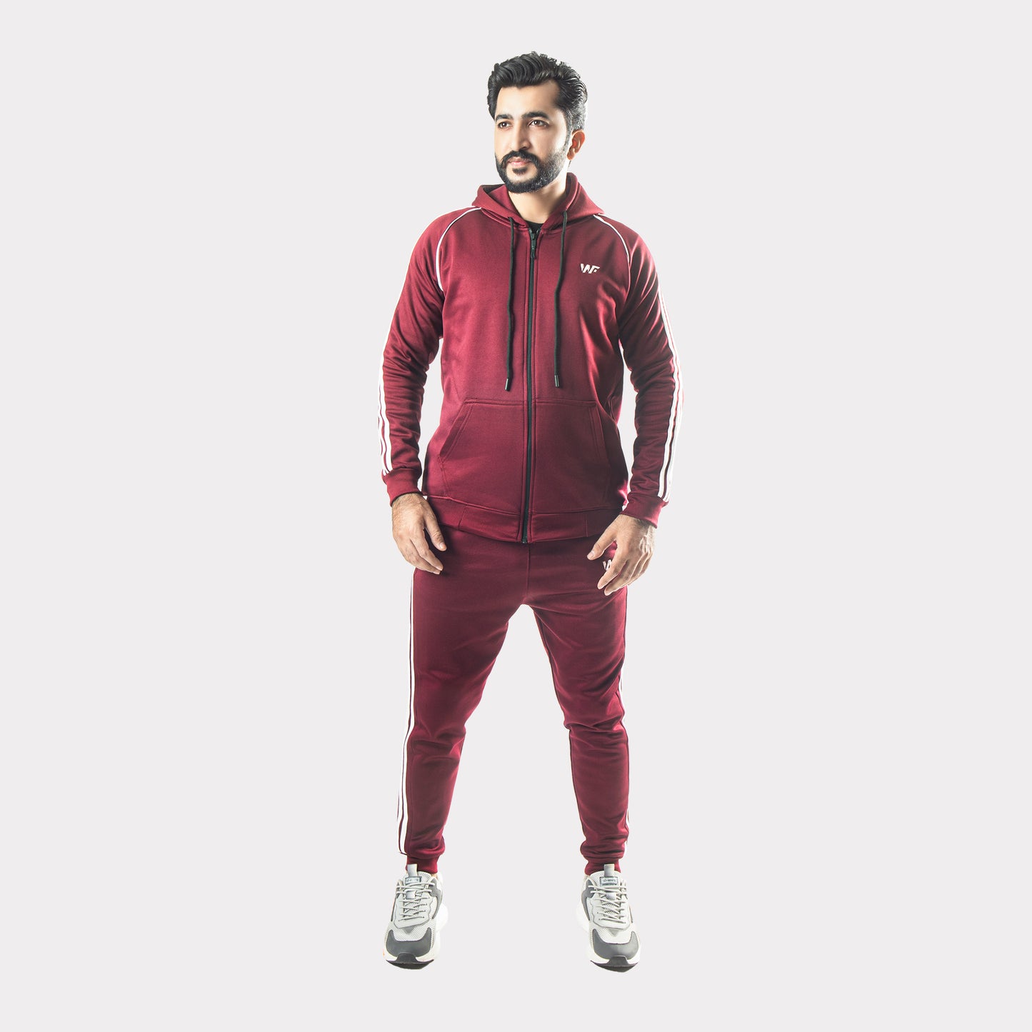 Maroon Tracksuit With Three White Stripes