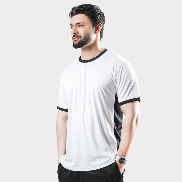 White Round Neck T-Shirt with Black Side Panel